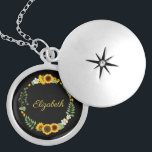 Monogram Name Initials Sunflores Floral Black Medaillon<br><div class="desc">Monogram diese schönen Sonnenblumen auf schwarzem Hintergrund locket Halskette. Großartige Geschenke für Ihre Brautmädchen und Brautparty.</div>