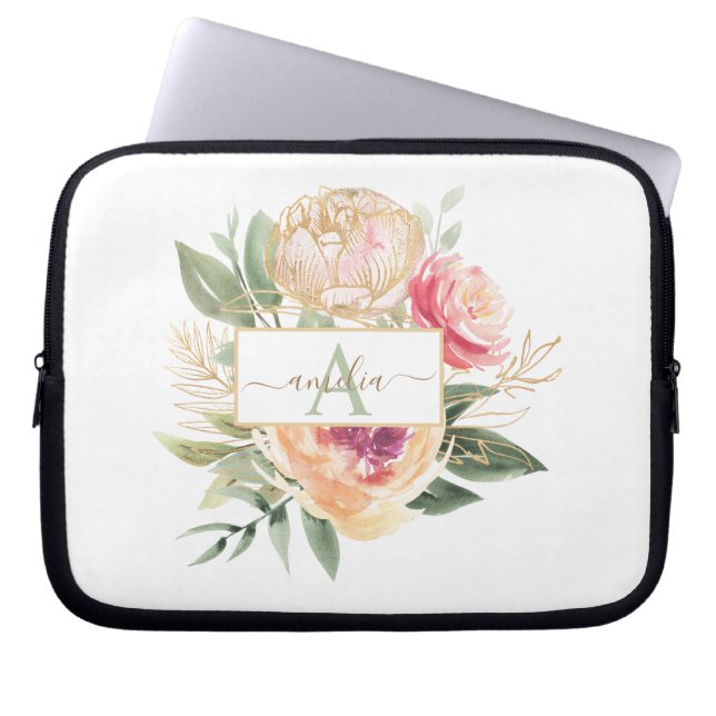 Monogram Name iPad Pro Cove für die Peony und Gold Laptopschutzhülle (Vorderseite)