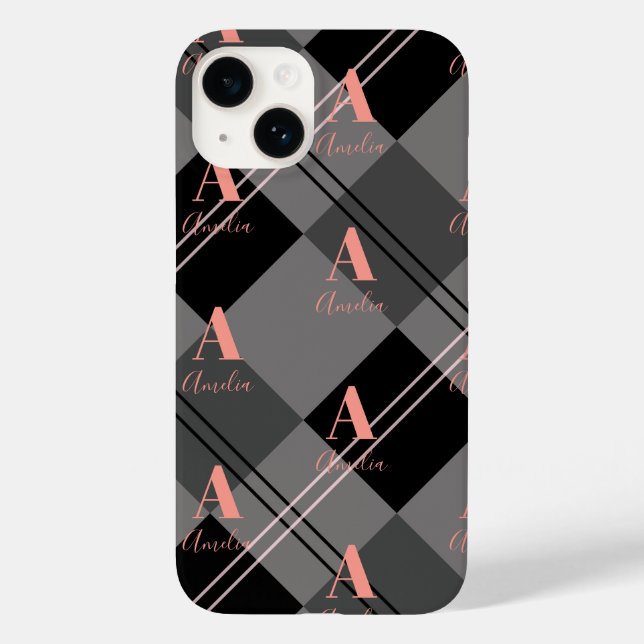 Monogram Name Kariert Grau Schwarz Pink Case-Mate iPhone Hülle (Rückseite)