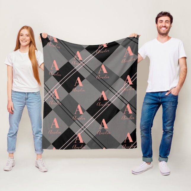 Monogram Name Kariert Grau Schwarz Pink Fleecedecke (Beispiel)