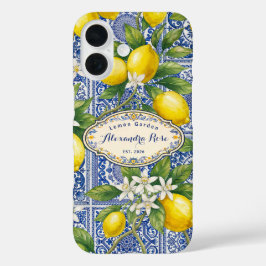 Monogram Name Lemon Blue French Country Tile iPhone 16 Hülle