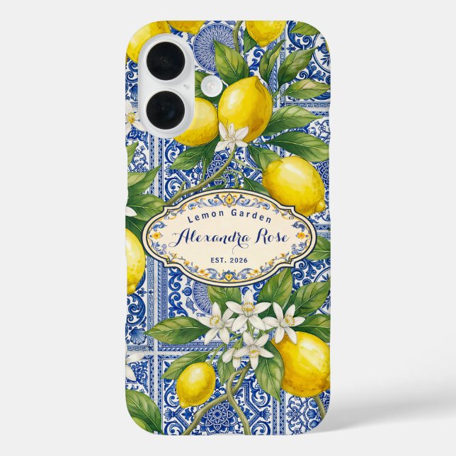 Monogram Name Lemon Blue French Country Tile  Case-Mate iPhone Hülle (Rückseite)