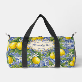 Monogram Name Lemon Blue French Country Tile Duffle Bag