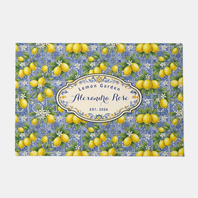 Monogram Name Lemon Blue French Country Tile  Fußmatte (Vorderseite)