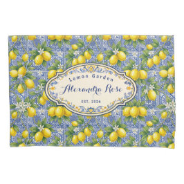 Monogram Name Lemon Blue French Country Tile  Kissenbezug