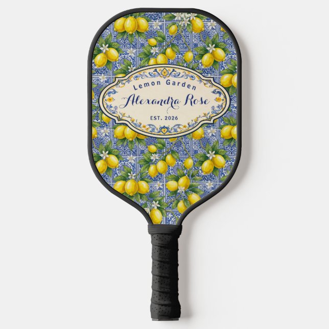 Monogram Name Lemon Blue French Country Tile  Pickleball Schläger (Vorderseite)