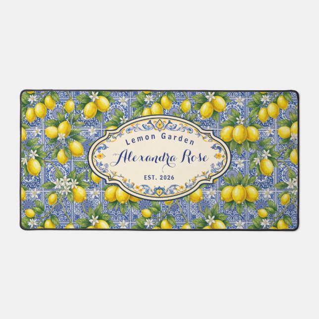 Monogram Name Lemon Blue French Country Tile  Schreibtischunterlage (Vorderseite)