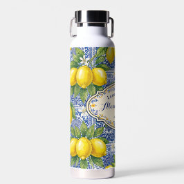 Monogram Name Lemon Blue French Country Tile Trinkflasche
