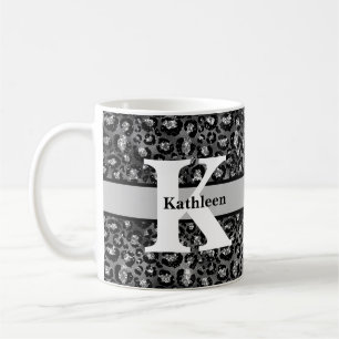 Monogram Name Leopard Print Black Silver Grau Kaffeetasse