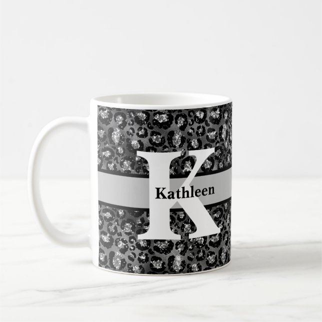 Monogram Name Leopard Print Black Silver Grau Kaffeetasse (Links)