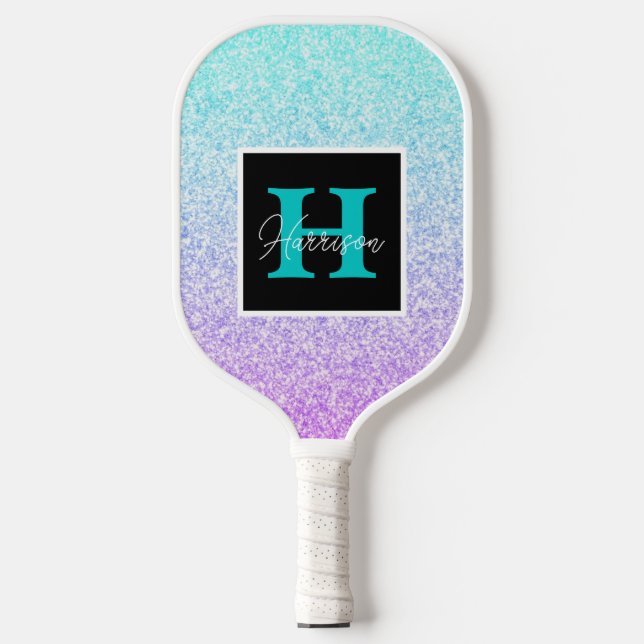 Monogram-Name lila & Blue Glitzer individuell anpa Pickleball Schläger (Vorderseite)