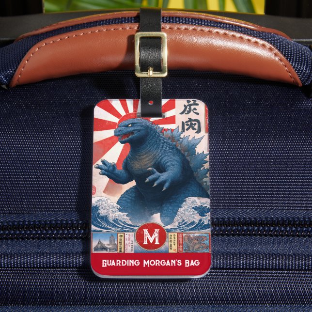 Monogram Name Lizard Monster Funny Retro Gepäckanhänger (Vorderseite Insitu 2)