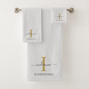 Monogram Name Minimalistisch Gold Grau Script Badhandtuch Set