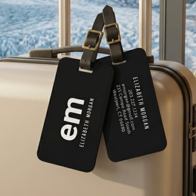 Monogram Name Modern Schwarz-weiß Luggage Tag Gepäckanhänger (Von Creator hochgeladen)