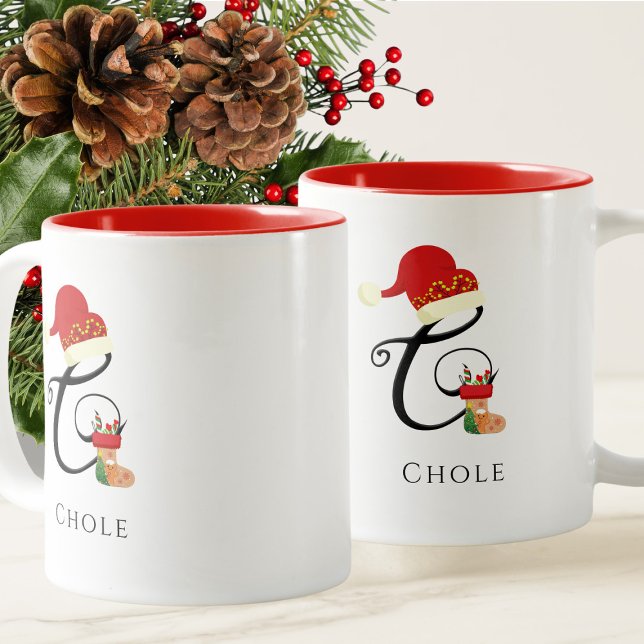 Monogram Name Modern Script Letter C Christmas Zweifarbige Tasse (Von Creator hochgeladen)