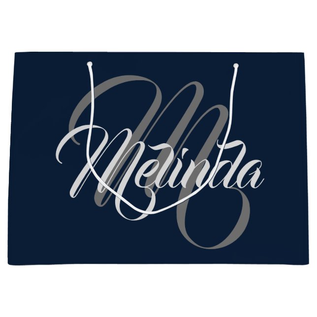 Monogram Name Modern Simply Bridal Gray Navy Große Geschenktüte (Vorderseite)