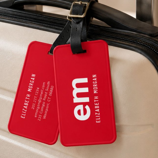 Monogram Name Moderne Minimal Red Luggage Tag Gepäckanhänger (Von Creator hochgeladen)