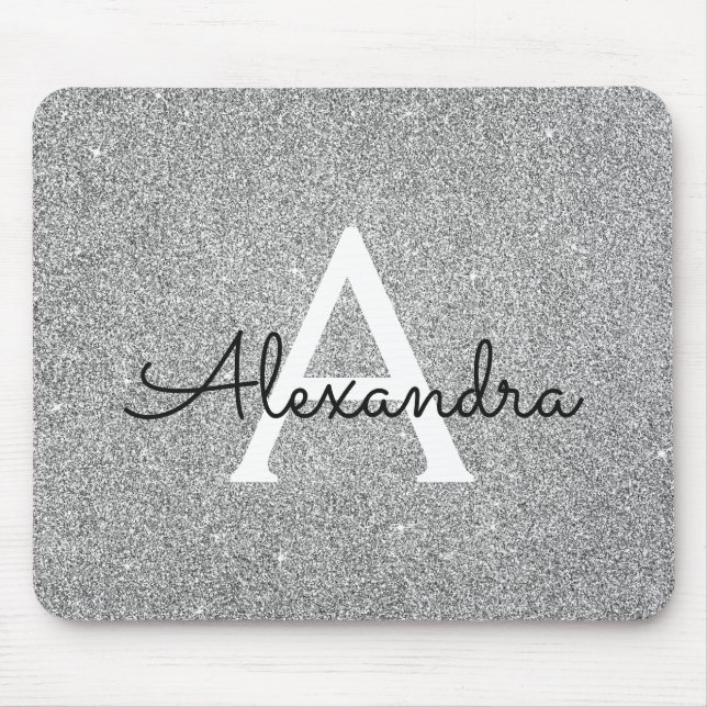 Monogram Name Mousepad für Silver Sparkle Glitzer (Vorne)