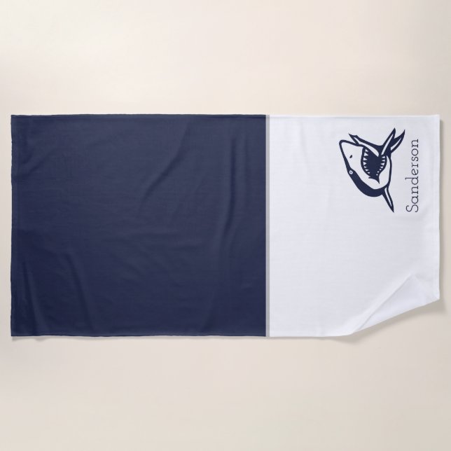 Monogram Name Nautical Shark Navy Blue | weiß Strandtuch (Vorderseite)