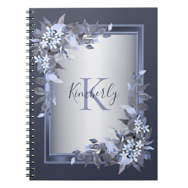 Monogram Name Navy Blue Floral Silver Gray Elegant Notizblock (Vorderseite)
