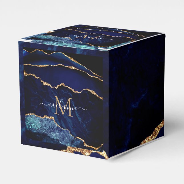 Monogram Name Navy Blue Gold Glitzer Fevor Boxen Geschenkschachtel (Vorderseite)