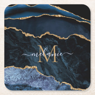 Monogram Name Navy Blue Gold Marmor Paper Unterset Rechteckiger Pappuntersetzer
