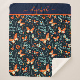 Monogram Name Navy Blue Orange Butterfly Floral Sherpadecke