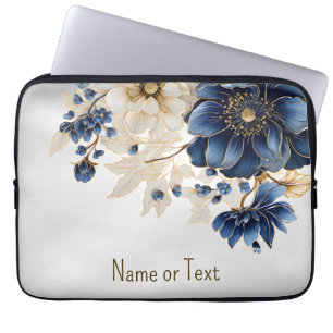Monogram Name Navy Blue White Golden Floral Laptopschutzhülle