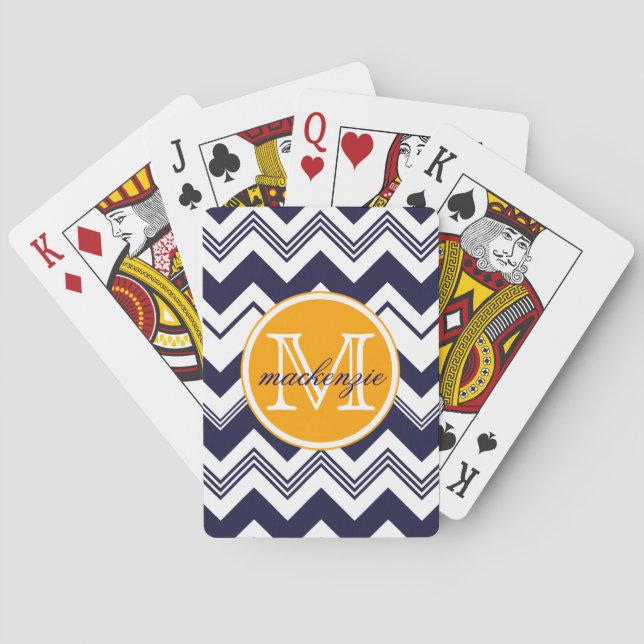 Monogram Name Navy Blue White Zickzack Pattern Spielkarten (Rückseite)