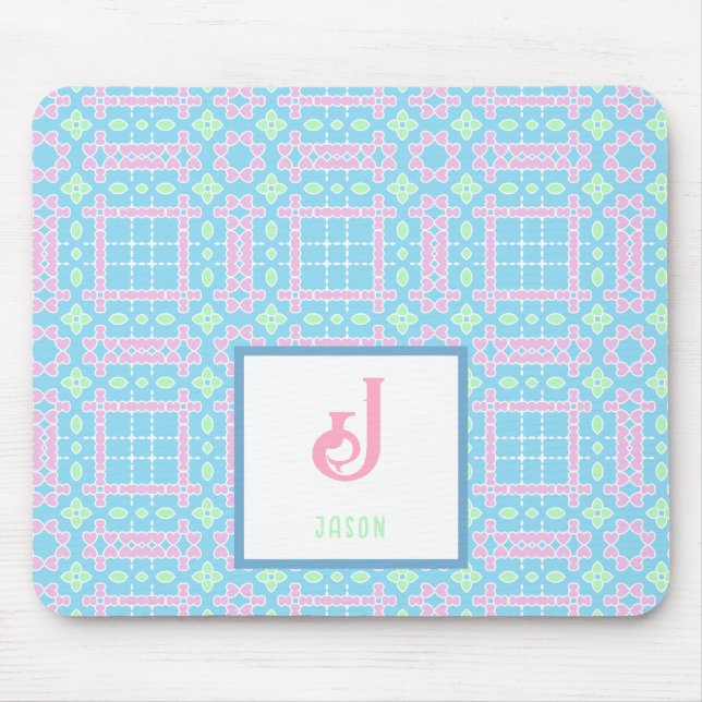 Monogram Name Neon Pink Blue Hearts Muster Mousepad (Vorne)