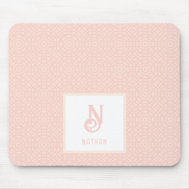 Monogram Name Neon Pink Peach Heartern Muster Mousepad (Vorne)