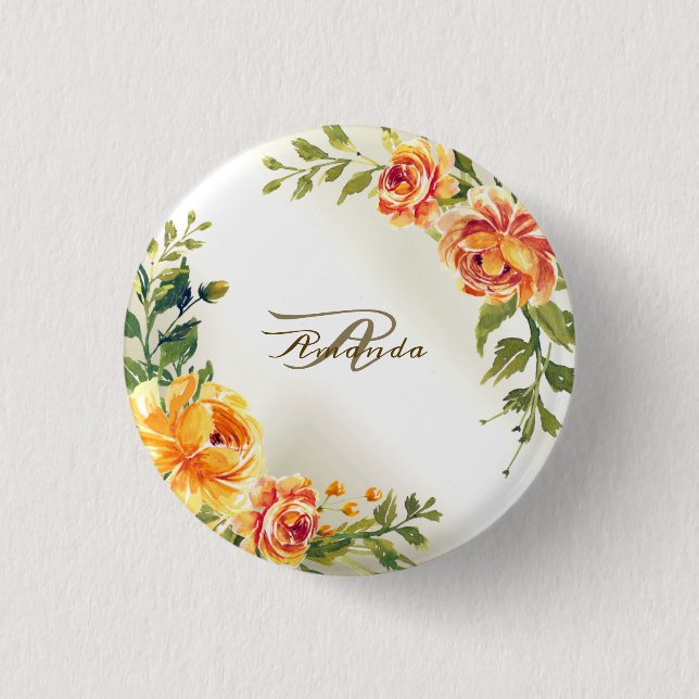 Monogram Name Orange Yellow Floral Greenery Modern Button (Vorderseite)