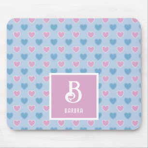 Monogram Name Pink & Blue Hearts Muster Mouse Pad Mousepad