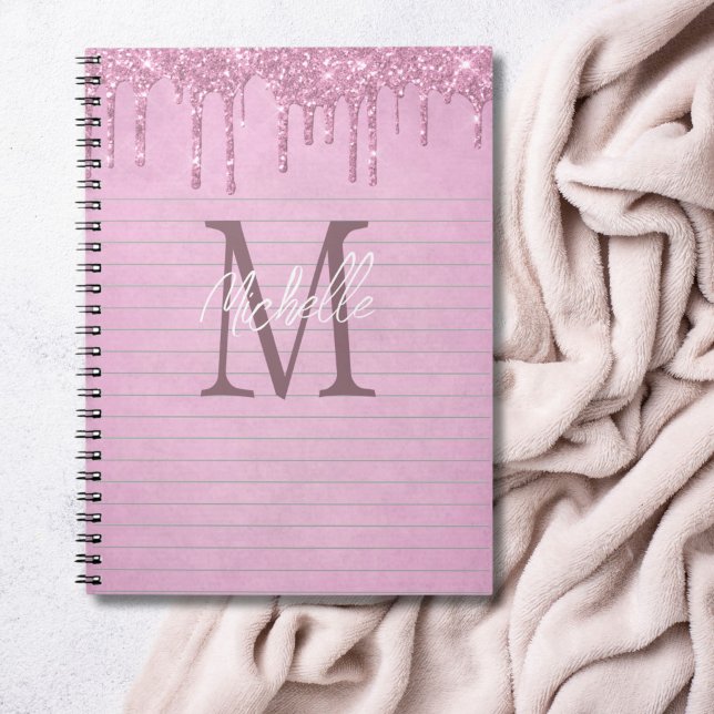 Monogram Name Pink Dripping Glitzer Girl Notebook Notizblock (Monogram Name Initial Pink Dripping glitter personalized girly notebook)