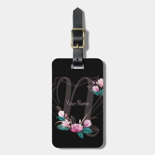 Monogram Name Pink Floral Geometric Frame Black Gepäckanhänger (Vorderseite vertikal)