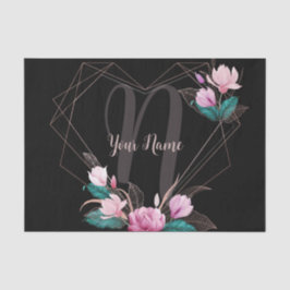 Monogram Name Pink Floral Geometric Frame Black Seidenpapier