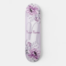 Monogram Name Pink Floral Violet Lila Modern Skateboard
