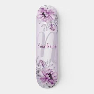 Monogram Name Pink Floral Violet Lila Modern Skateboard