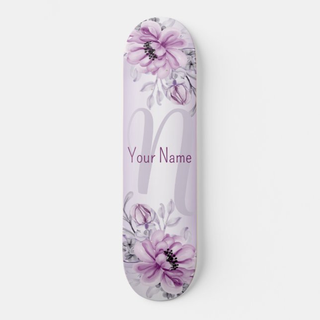 Monogram Name Pink Floral Violet Lila Modern Skateboard (Vorderseite)