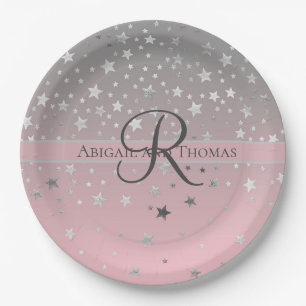 Monogram Name Pink Gray Silver Stars Hochzeit Pappteller
