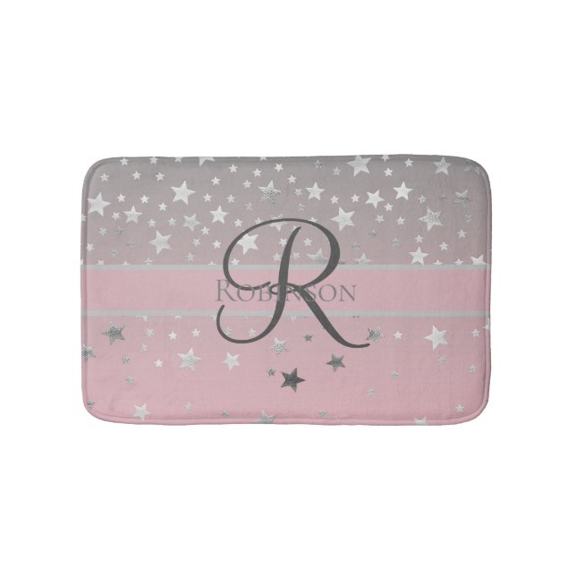 Monogram Name Pink Gray Silver Stars Trendy Badematte (Vorderseite)