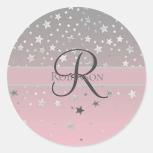 Monogram Name Pink Gray Silver Stars Trendy Runder Aufkleber