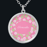 Monogram Name Pink Green Floral Script Calligraphy Versilberte Kette<br><div class="desc">Monogram,  dieses hübsche rosa und grüne Flockenhalskette mit Ihrem Namen oder Ihren Initialen. Diese Halsketten sind großartige Geschenke für Brautmädchen,  Muttergeschenke und Geschenke für jede Frau in deinem Leben.</div>