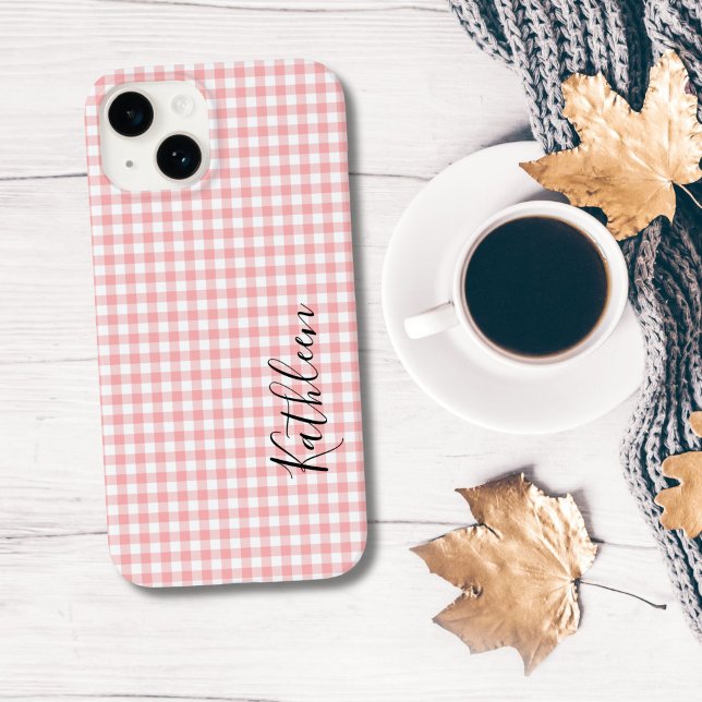 Monogram Name Pink White Gingham Karo Kariert Case-Mate iPhone Hülle (Monogrammed Pink White Gingham iPhone case)
