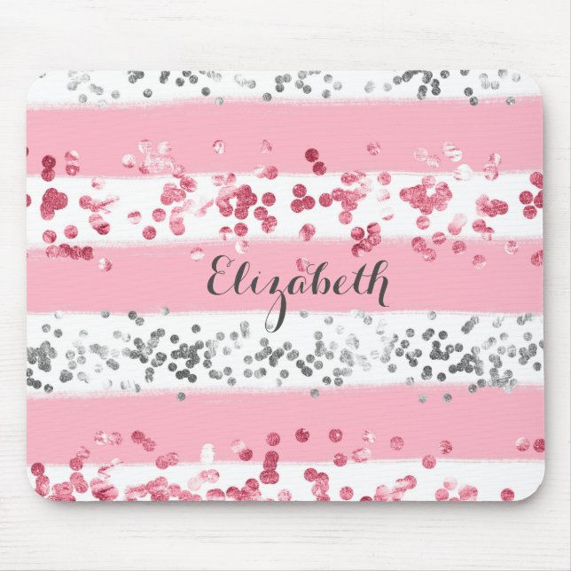 Monogram Name Pink White Gray Glitzer Girly Trendy Mousepad (Vorne)