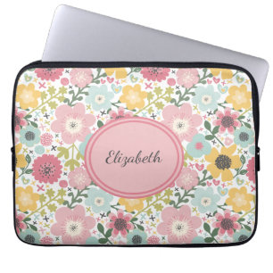 Monogram Name Pink Yellow Blue Floral Feminine  Laptopschutzhülle