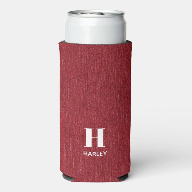 Monogram Name Red Denim Print Slim Selters Dosenkühler (Seltzer Rückseite)