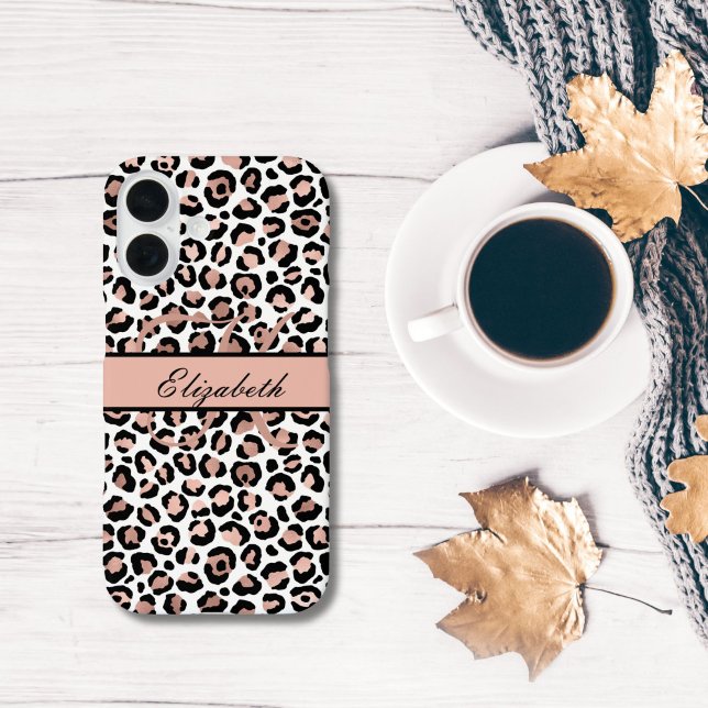 Monogram Name Rose Gold Black Leopard Print Case-Mate iPhone Hülle (Monogram Name Initial Rose Gold Black Leopard Cheetah Print iPhone case)