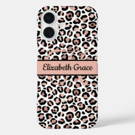Monogram Name Rose Gold Black Leopard Print iPhone 16 Hülle