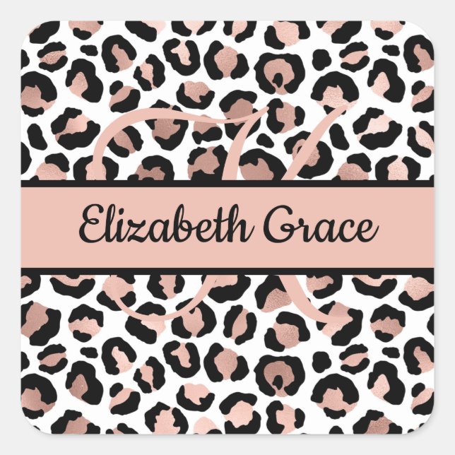 Monogram Name Rose Gold Black Leopard Print Quadratischer Aufkleber (Vorderseite)